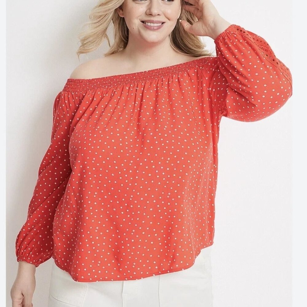 NWOT Maurices Red Orange Off-Shoulder Polka Dot Blouse in Size 3X